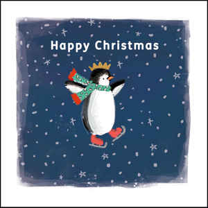 Christmas card design of a cute little penguin wearing a warm green scarf is learning to ice skate