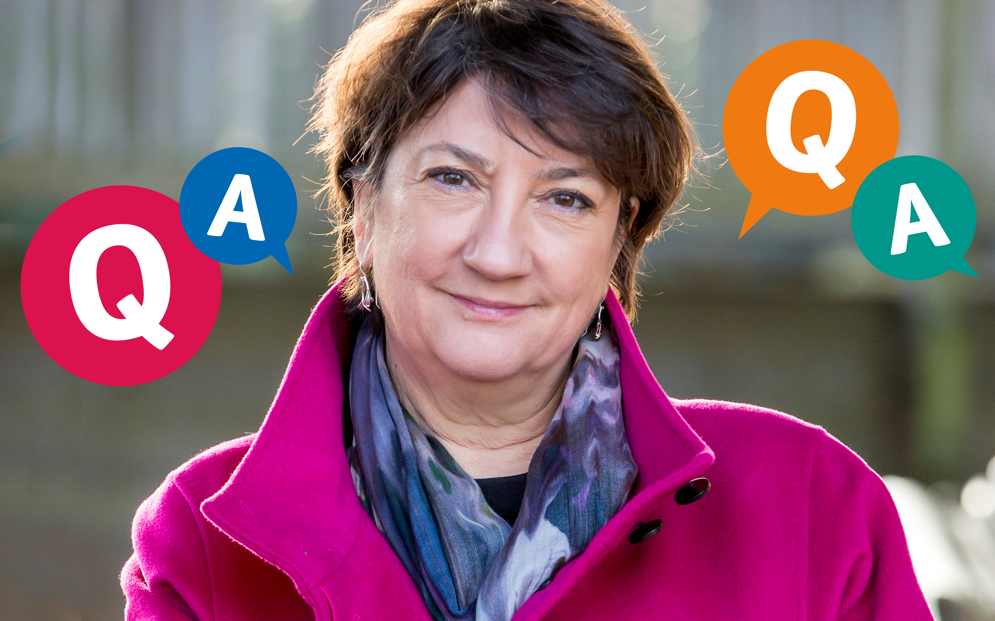 Cathy surrounded by 'Q' and 'A' graphics 