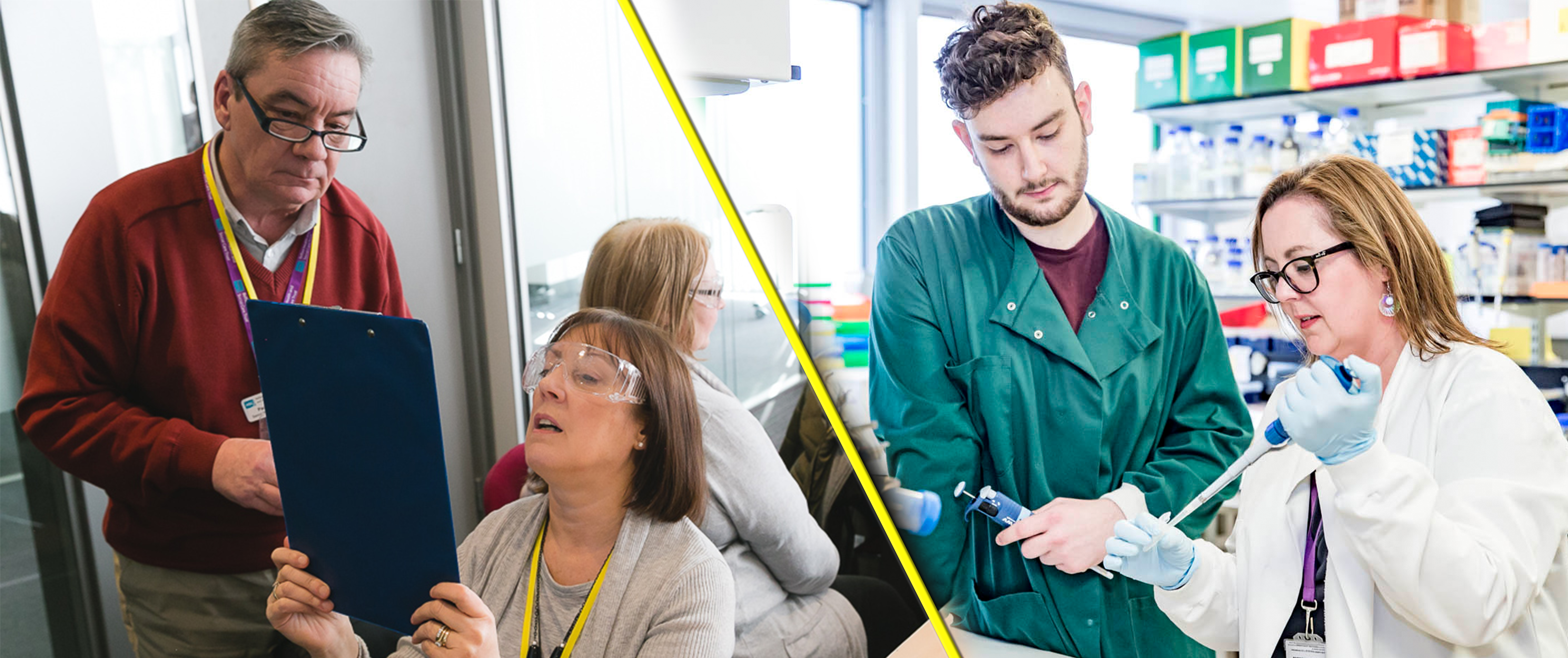 A lady having an eye test and a two researchers in a laboratory 