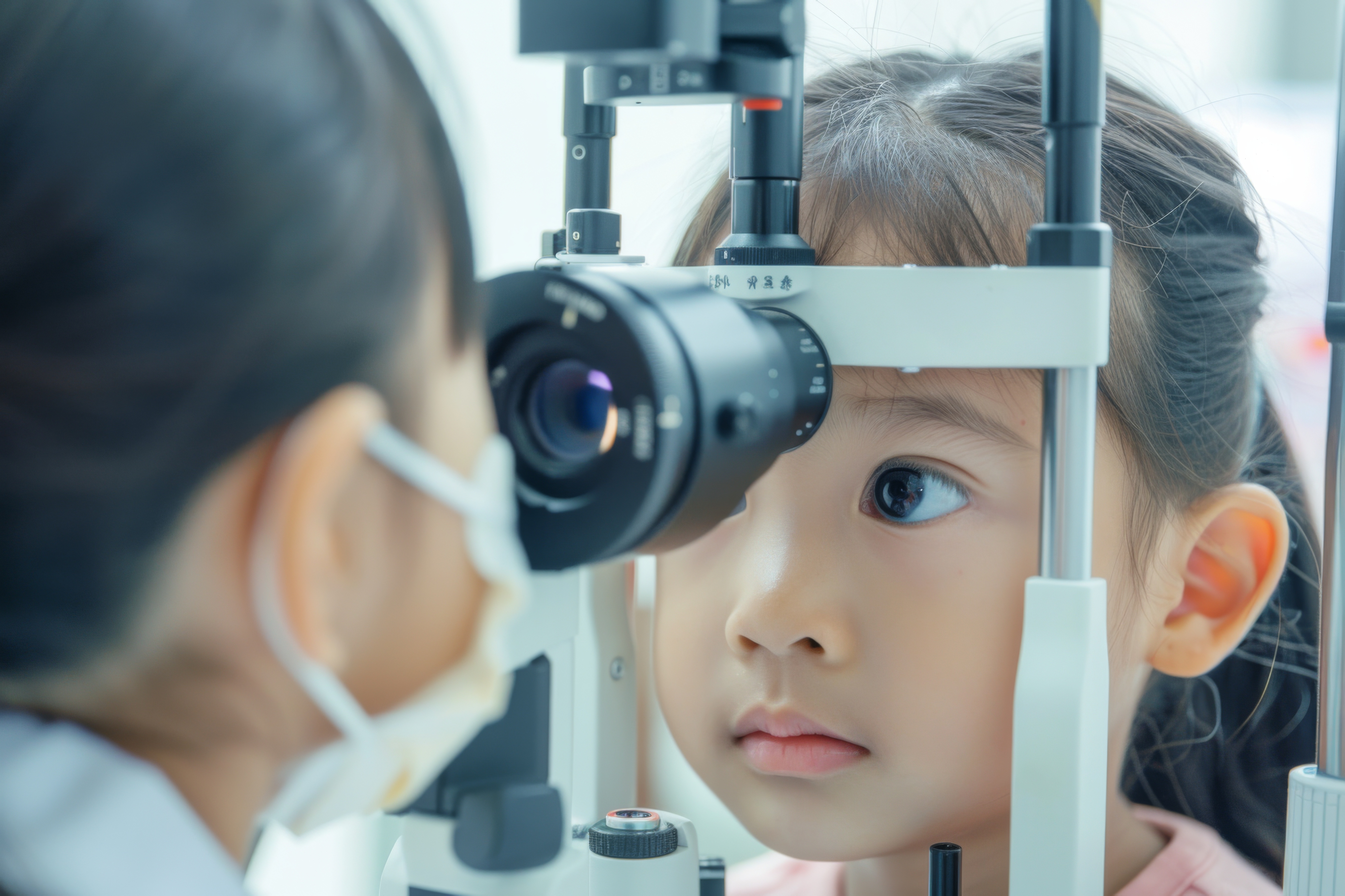 Young girl looking at optometrist as they look at the back of the child's eye