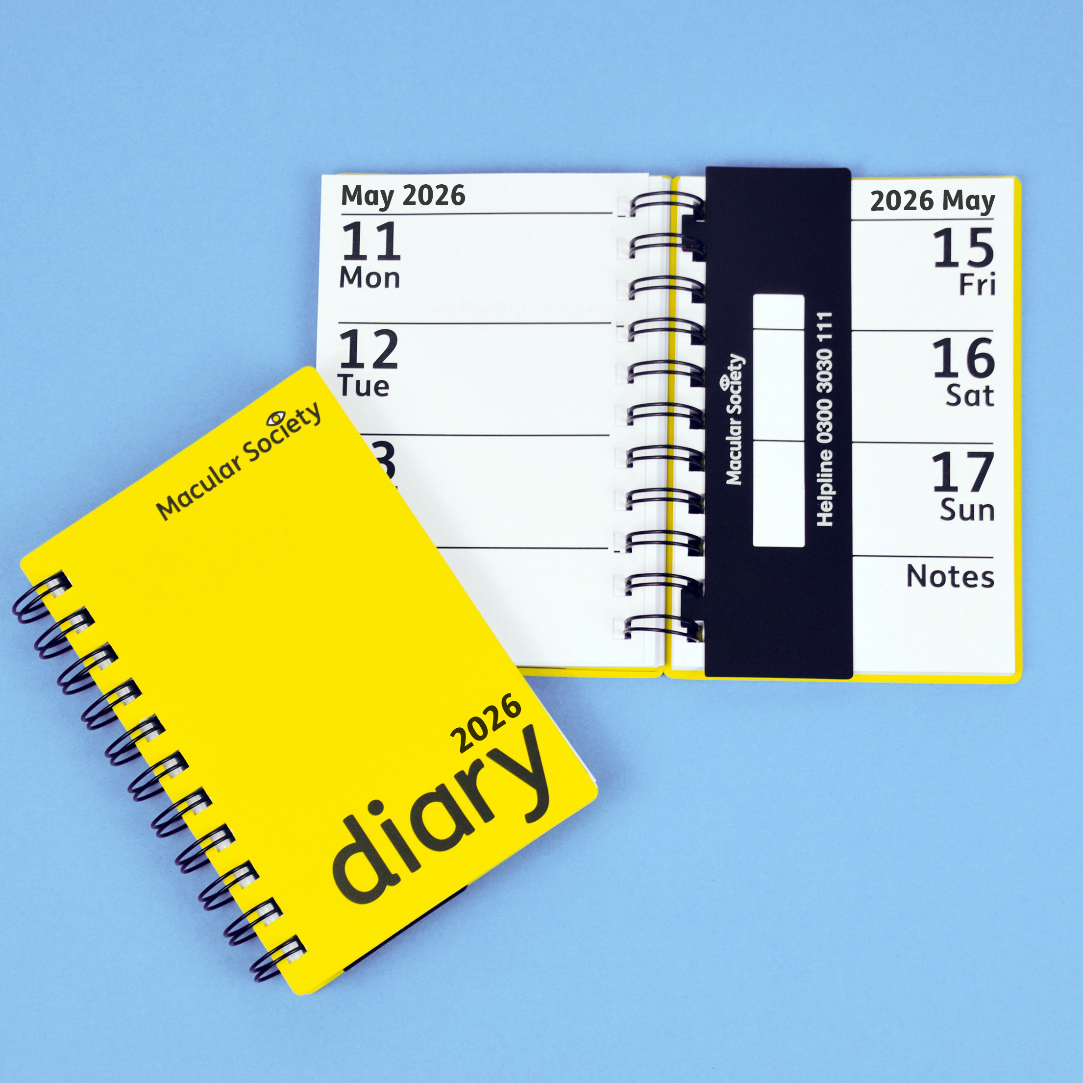 2026 Macular Society yellow diary open and front cover