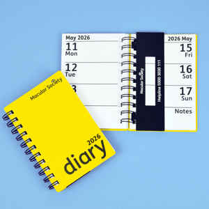 2026 Macular Society yellow diary open and front cover