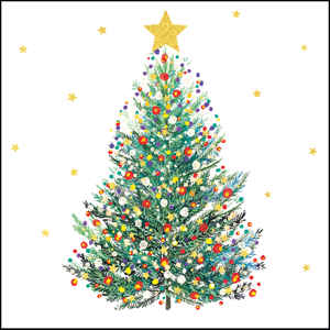 Christmas card design of a brightly decorated Christmas tree