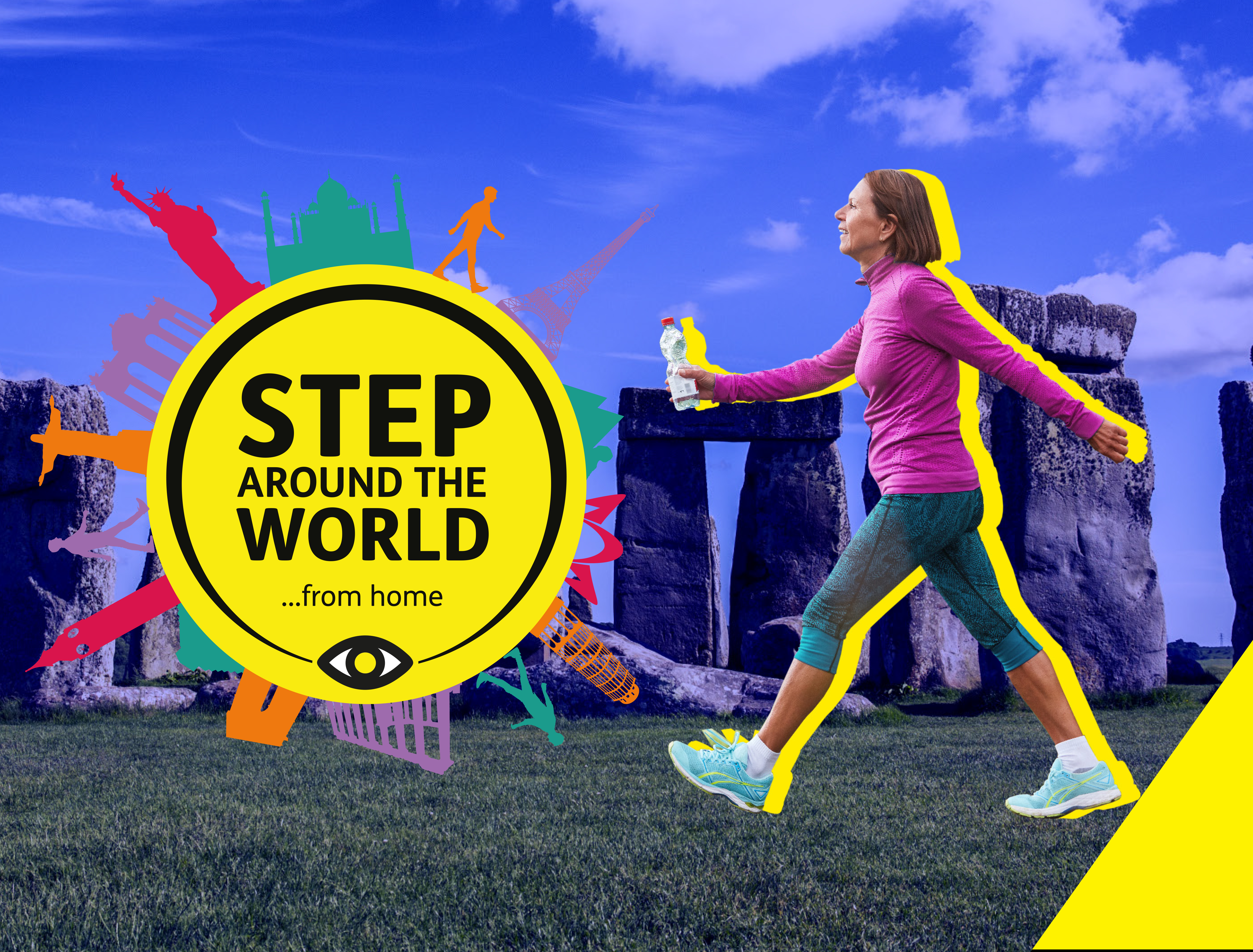 Step Around the World. A woman walks past Stonehenge