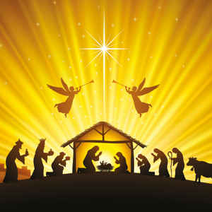 Christmas card design with golden light illuminating the silhouettes of Mary, Joseph and baby Jesus in the manger