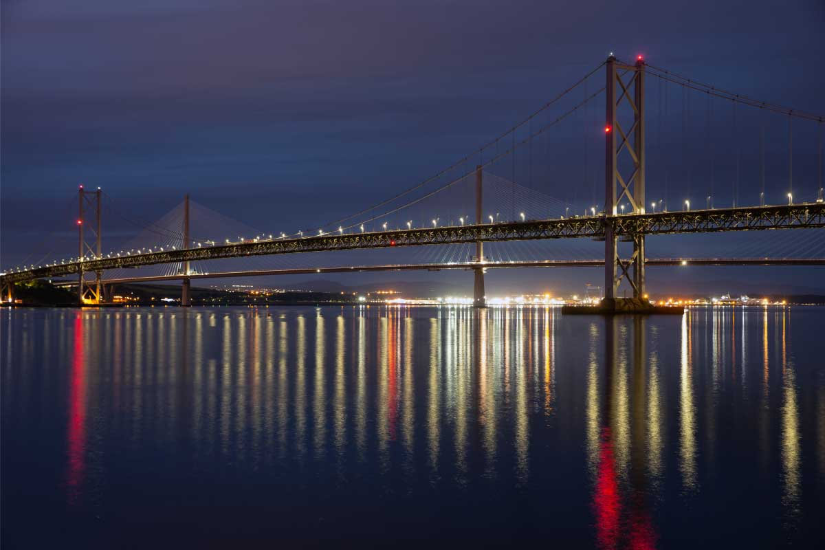 Forth Road Bridge lit up at night