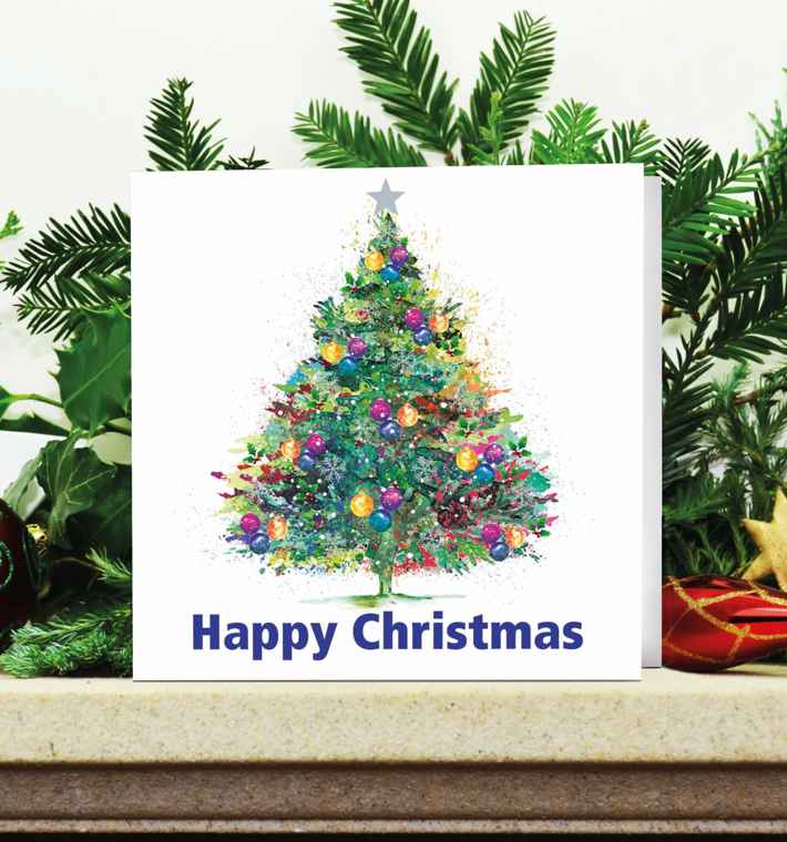 Bright Tree card on decorated mantle