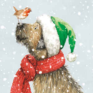 Christmas card design of a robin perching on the nose of a brown shaggy dog who is wearing a green Christmas hat