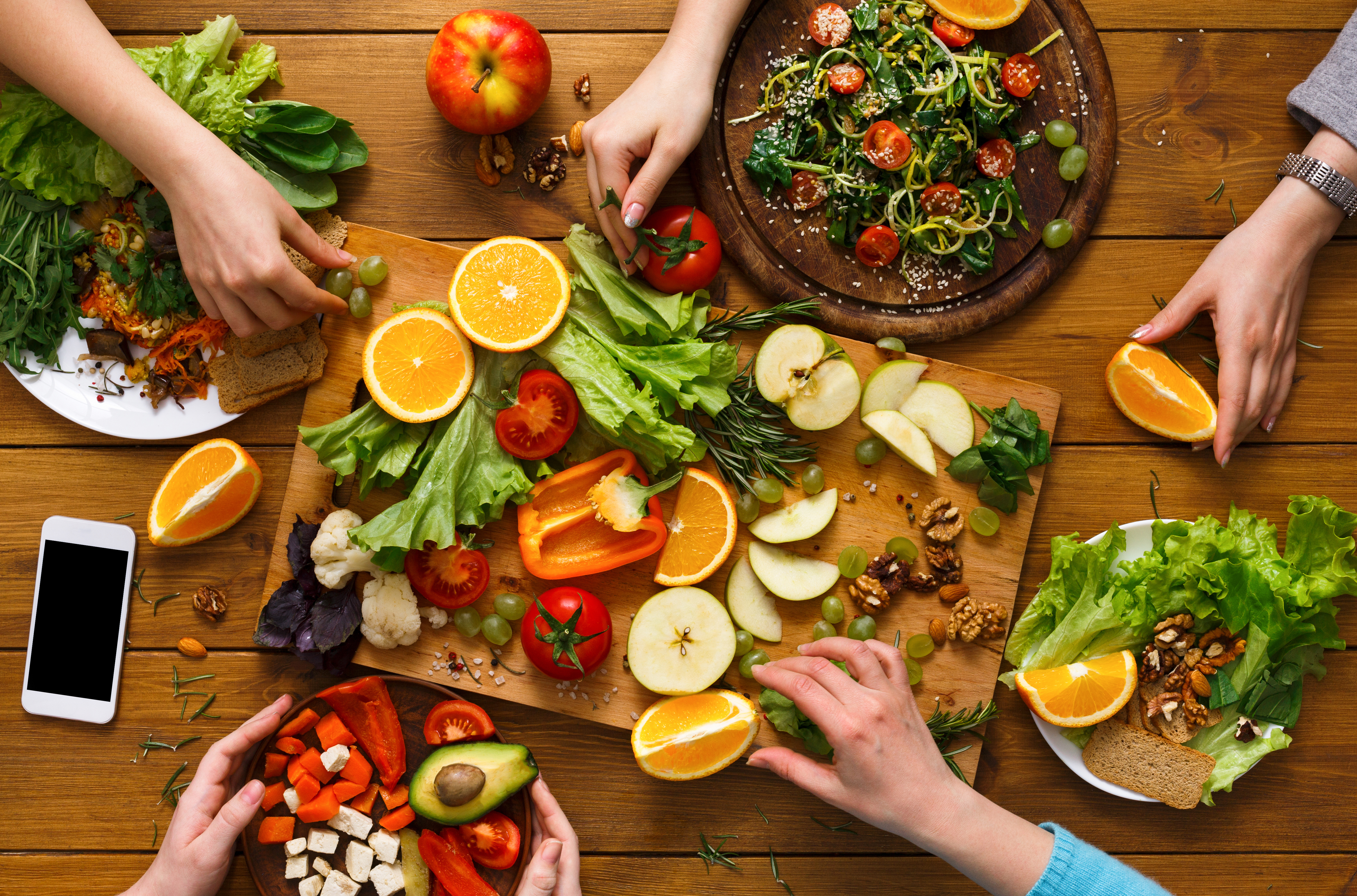 Platters of fruit and vegetables 
