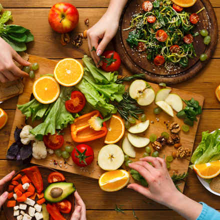 Platters of fruit and vegetables 