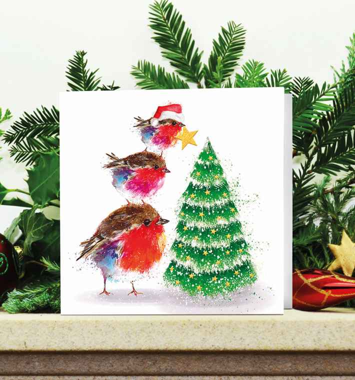 Fluffy Robin Family Tree on decorated mantle