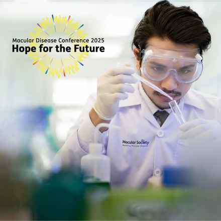 A dark-haired, male researcher wearing white overalls which includes the Macular Society logo. He is using a plunger to transfer liquid into a pipette. The Macular Society Conference logo sits in the top left corner.